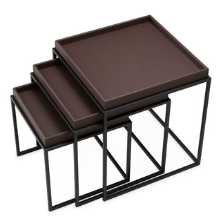 Side Table Léonard faux leather dark brown black finish set of 3