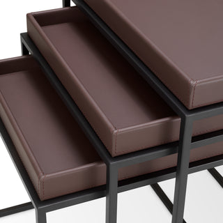 Side Table Léonard faux leather dark brown black finish set of 3