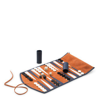 Backgammon Travel Set Monte Lago blue leather orange suede