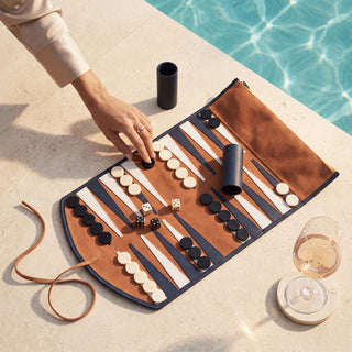 Backgammon Travel Set Monte Lago blue leather orange suede