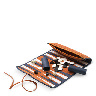 Backgammon Travel Set Monte Lago blue leather orange suede