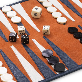 Backgammon Travel Set Monte Lago blue leather orange suede