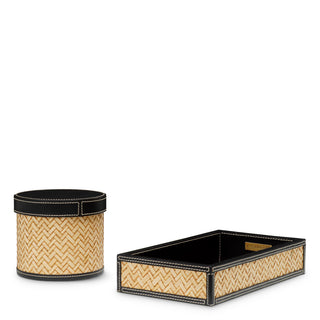 Desk set Taos black leather natural rattan set of 2