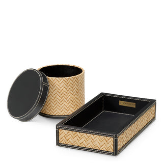 Desk set Taos black leather natural rattan set of 2